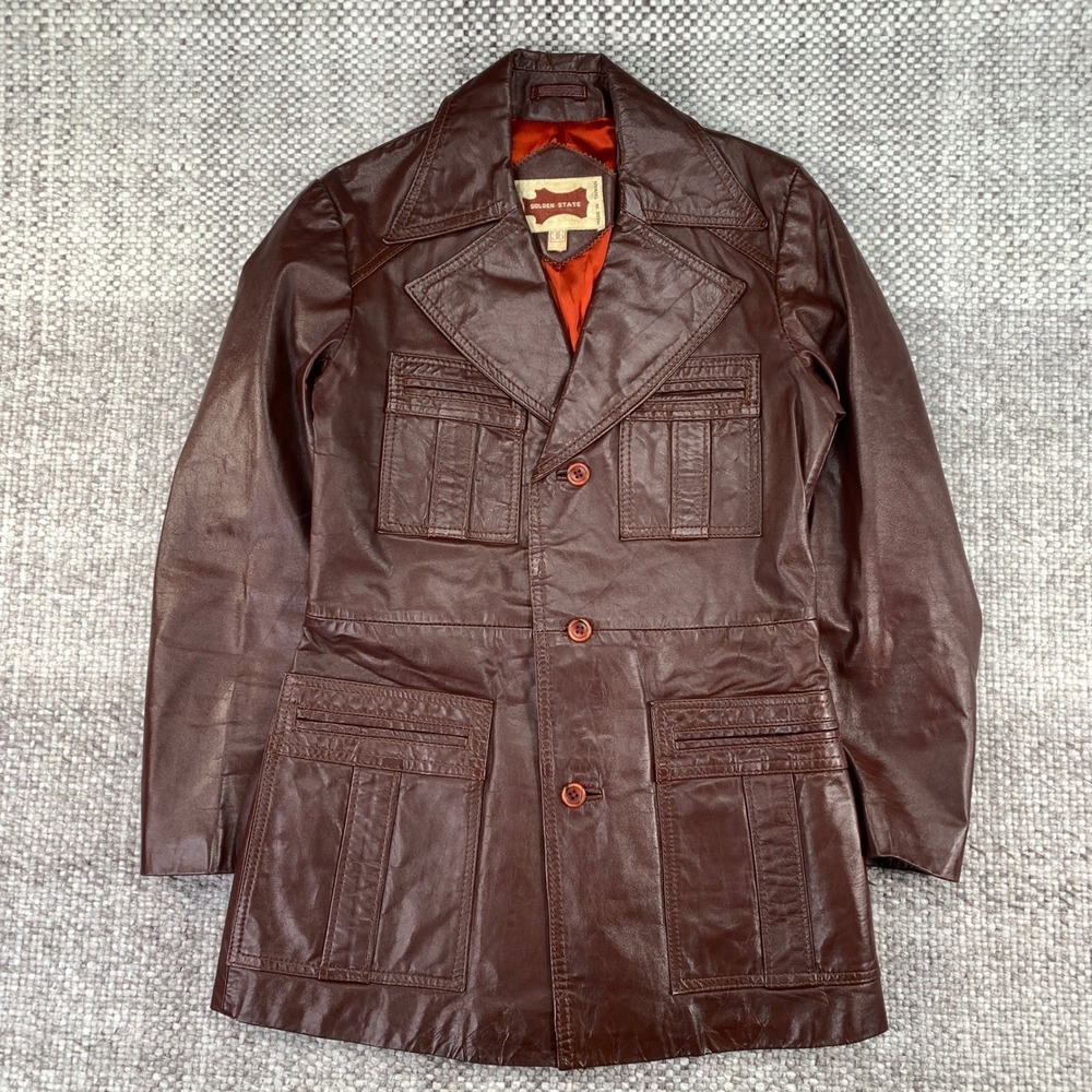 Golden State Vintage 70s Leather Safari Jacket Burgundy Brown Mens 36